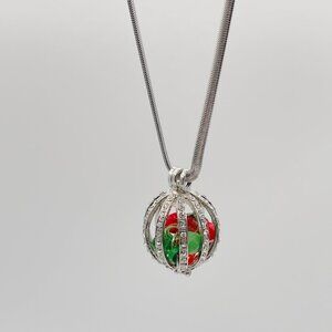 JVT Jewelry Silver Cage Pendant with Red & Green Crystals Necklace